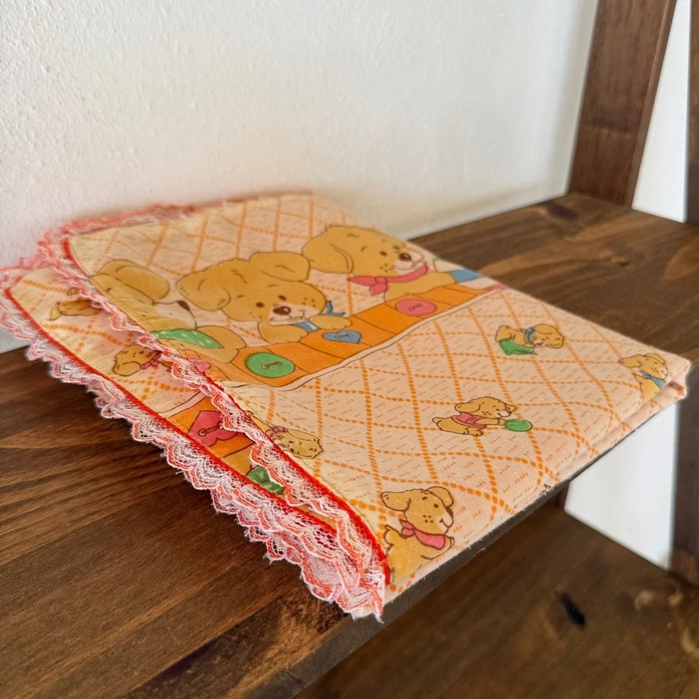Vintage Puppy Dog Nursery Receiving Blanket Orange Lace Trim Retro 35x40